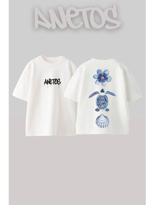 Anetos Turtle Seashell Tasarım Sırt Baskılı Pamuk Beyaz Oversize T-Shirt