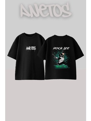 Anetos Rock Lee Tasarım Sırt Baskılı Pamuk Siyah Oversize T-Shirt