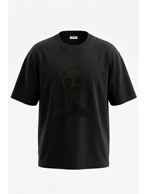 Anetos Scribble Monster Tasarım Sırt Baskılı Pamuk Siyah Oversize T-Shirt