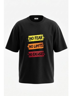 Anetos Grunge Nofear Limits Tasarım Sırt Baskılı Pamuk Siyah Oversize T-Shirt