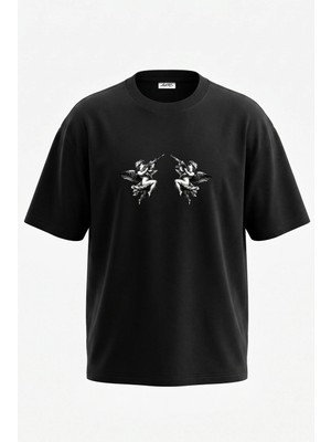 Anetos Cherub Rifle Tasarım Sırt Baskılı Pamuk Siyah Oversize T-Shirt