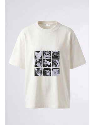 Anetos Kedi Mood Tasarım Sırt Baskılı Pamuk Beyaz Oversize T-Shirt