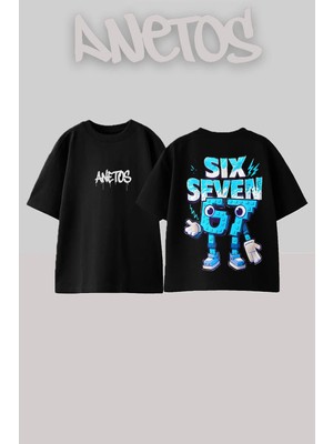 Anetos Six Seven Tasarım Sırt Baskılı Pamuk Siyah Oversize T-Shirt