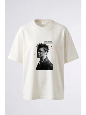 Anetos Tyler Durden_3 Tasarım Sırt Baskılı Pamuk Beyaz Oversize T-Shirt