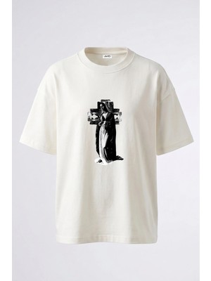 Anetos Virgin Mary Razor Tasarım Sırt Baskılı Pamuk Beyaz Oversize T-Shirt