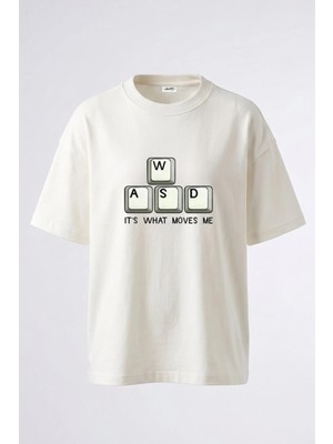 Anetos Wasd Oyun Tasarım Sırt Baskılı Pamuk Beyaz Oversize T-Shirt
