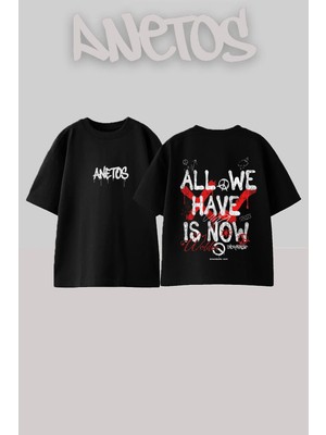 Anetos Peace Protest Tasarım Sırt Baskılı Pamuk Siyah Oversize T-Shirt