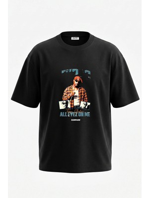 Anetos Tupac Shakur_1 Tasarım Sırt Baskılı Pamuk Siyah Oversize T-Shirt
