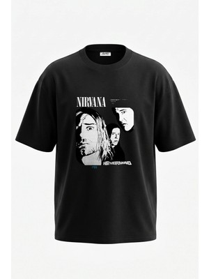 Anetos Nirvana Nevermind Tasarım Sırt Baskılı Pamuk Siyah Oversize T-Shirt