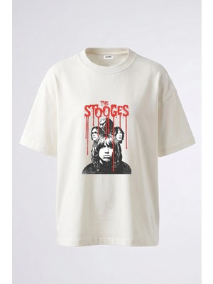 Anetos The Stooges Tasarım Sırt Baskılı Pamuk Beyaz Oversize T-Shirt