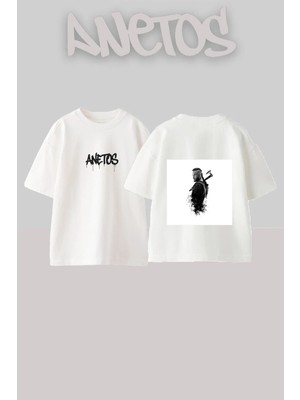 Anetos Viking Warrior Tasarım Sırt Baskılı Pamuk Beyaz Oversize T-Shirt