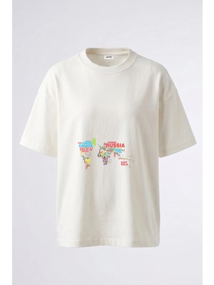 Anetos World Map Tasarım Sırt Baskılı Pamuk Beyaz Oversize T-Shirt