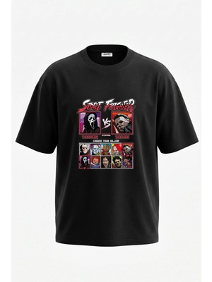 Anetos Korku Ikonlari_1 Tasarım Sırt Baskılı Pamuk Siyah Oversize T-Shirt