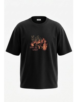 Anetos Korn Follow The Leader Tasarım Sırt Baskılı Pamuk Siyah Oversize T-Shirt