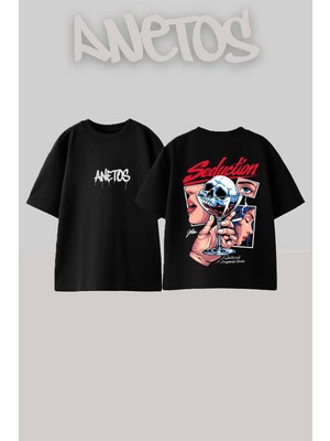 Anetos Seduction Skull Tasarım Sırt Baskılı Pamuk Siyah Oversize T-Shirt