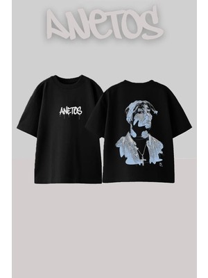 Anetos Tupac Shakur 3 Tasarım Sırt Baskılı Pamuk Siyah Oversize T-Shirt