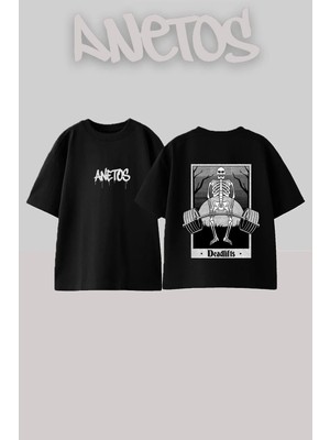 Anetos Skeleton Deadlift Tasarım Sırt Baskılı Pamuk Siyah Oversize T-Shirt