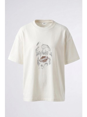 Anetos Motorcu Kafatasi Tasarım Sırt Baskılı Pamuk Beyaz Oversize T-Shirt