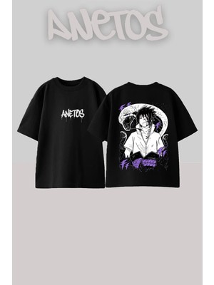 Anetos Sasuke Snake Tasarım Sırt Baskılı Pamuk Siyah Oversize T-Shirt