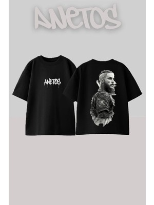 Anetos Ragnar Lothbrok 5 Tasarım Sırt Baskılı Pamuk Siyah Oversize T-Shirt