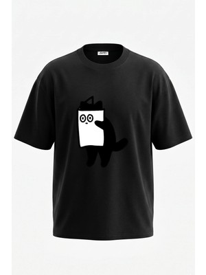 Anetos Cizgi Kedi Tasarım Sırt Baskılı Pamuk Siyah Oversize T-Shirt