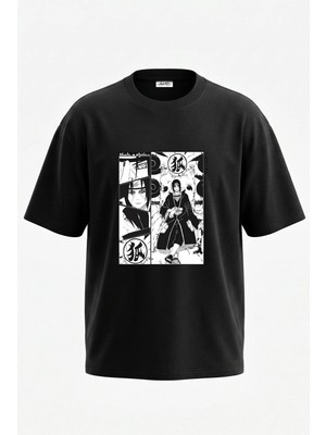 Anetos Itachi Uchiha_1 Tasarım Sırt Baskılı Pamuk Siyah Oversize T-Shirt