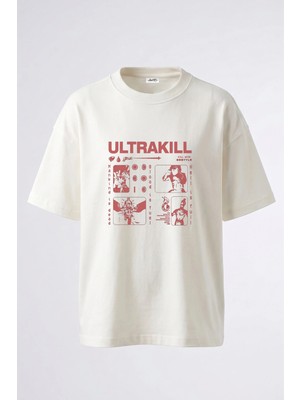 Anetos Ultrakill Oyun Tasarım Sırt Baskılı Pamuk Beyaz Oversize T-Shirt