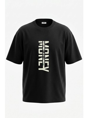 Anetos Dollar Banknote Tasarım Sırt Baskılı Pamuk Siyah Oversize T-Shirt