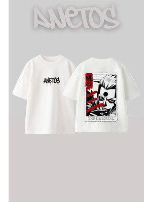 Anetos Immortal Anime Tasarım Sırt Baskılı Pamuk Beyaz Oversize T-Shirt