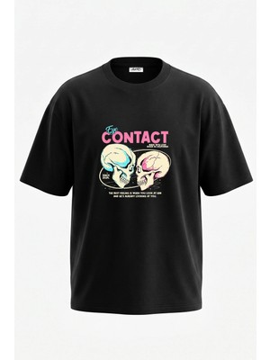 Anetos Eye Contact Skulls Tasarım Sırt Baskılı Pamuk Siyah Oversize T-Shirt