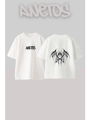 Anetos Demon Wings Tasarım Sırt Baskılı Pamuk Beyaz Oversize T-Shirt