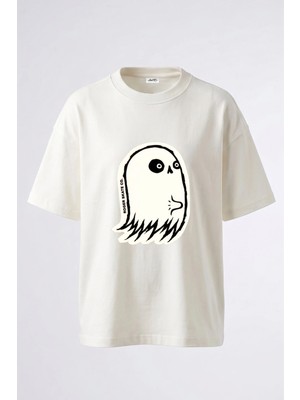 Anetos Ghost Tasarım Sırt Baskılı Pamuk Beyaz Oversize T-Shirt