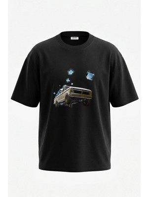 Anetos Pickup Truck Ice Tasarım Sırt Baskılı Pamuk Siyah Oversize T-Shirt