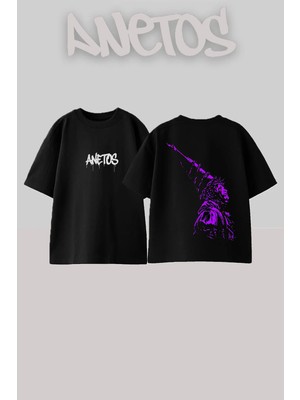 Anetos Statue Of Tasarım Sırt Baskılı Pamuk Siyah Oversize T-Shirt