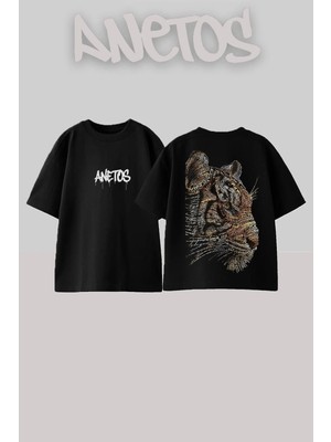 Anetos Text Tiger Tasarım Sırt Baskılı Pamuk Siyah Oversize T-Shirt