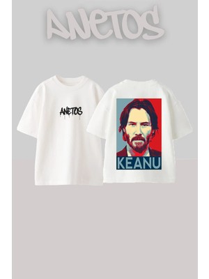 Anetos Keanu Reeves Tasarım Sırt Baskılı Pamuk Beyaz Oversize T-Shirt