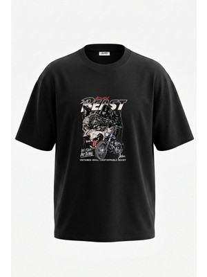 Anetos Wolf Chopper Tasarım Sırt Baskılı Pamuk Siyah Oversize T-Shirt
