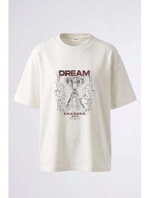 Anetos Dream Chasers Tasarım Sırt Baskılı Pamuk Beyaz Oversize T-Shirt