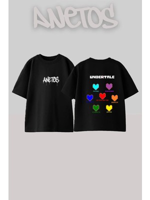 Anetos Undertale Souls Tasarım Sırt Baskılı Pamuk Siyah Oversize T-Shirt
