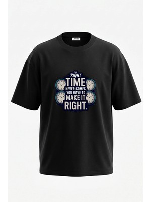 Anetos Motivasyon Saat Tasarım Sırt Baskılı Pamuk Siyah Oversize T-Shirt