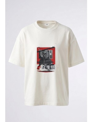 Anetos Glitch Tv Skull Tasarım Sırt Baskılı Pamuk Beyaz Oversize T-Shirt