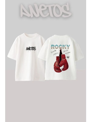 Anetos Rocky Balboa Tasarım Sırt Baskılı Pamuk Beyaz Oversize T-Shirt