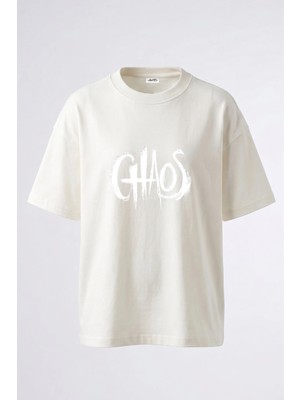 Anetos Chaos Grunge Tasarım Sırt Baskılı Pamuk Beyaz Oversize T-Shirt