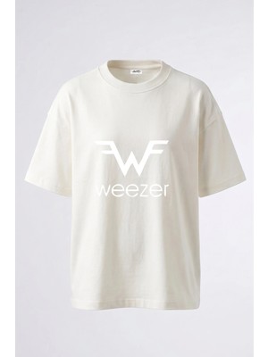 Anetos Weezer Tasarım Sırt Baskılı Pamuk Beyaz Oversize T-Shirt