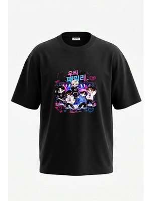 Anetos K Pop Chibi Tasarım Sırt Baskılı Pamuk Siyah Oversize T-Shirt