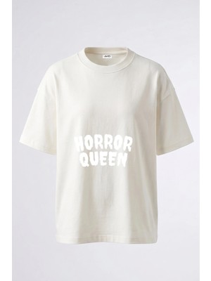 Anetos Horror Queen Tasarım Sırt Baskılı Pamuk Beyaz Oversize T-Shirt