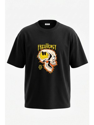 Anetos Skull Smiley Tasarım Sırt Baskılı Pamuk Siyah Oversize T-Shirt