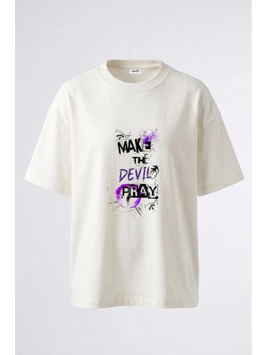 Anetos Devil Pray Tasarım Sırt Baskılı Pamuk Beyaz Oversize T-Shirt