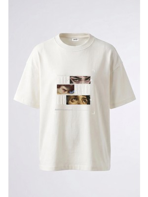 Anetos Klasik Gozler Tasarım Sırt Baskılı Pamuk Beyaz Oversize T-Shirt