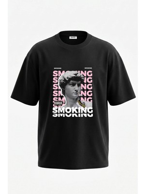 Anetos David Smoking Tasarım Sırt Baskılı Pamuk Siyah Oversize T-Shirt